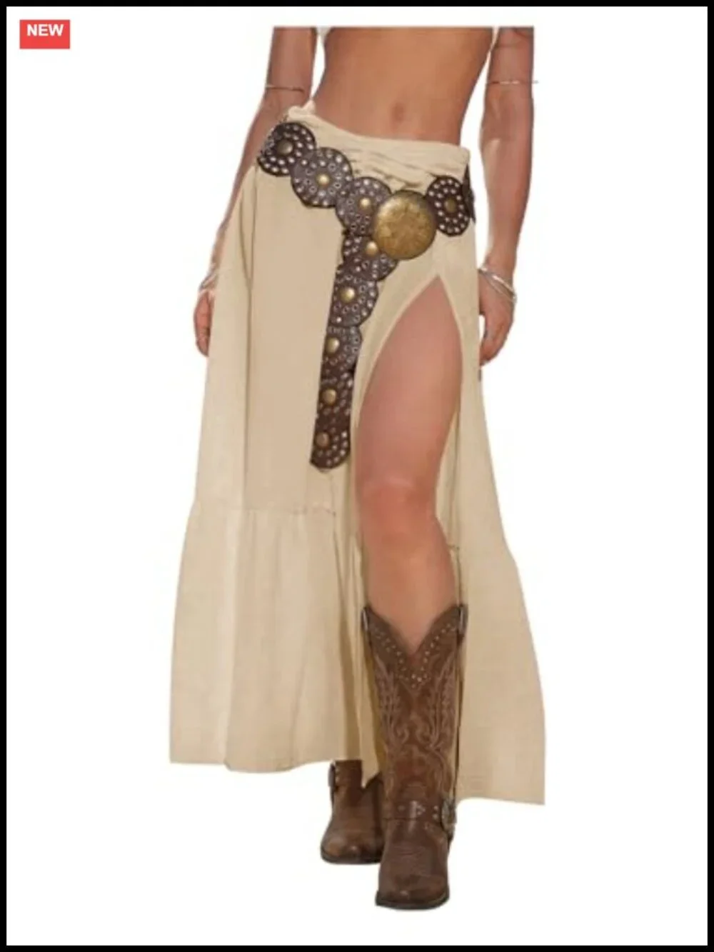 Women's Boho Western Low Rise Maxi Skirt with Ruffle High Slit - Flowy Cowgirl